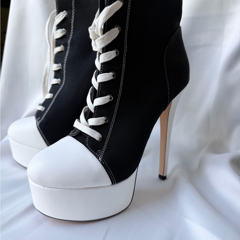Black and White Platform Lace-Up High Heel Boots - Women